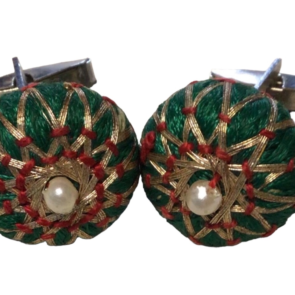 Vintage Persian-Inspired Crown Royal Threaded w Faux Pearl Cuff Links